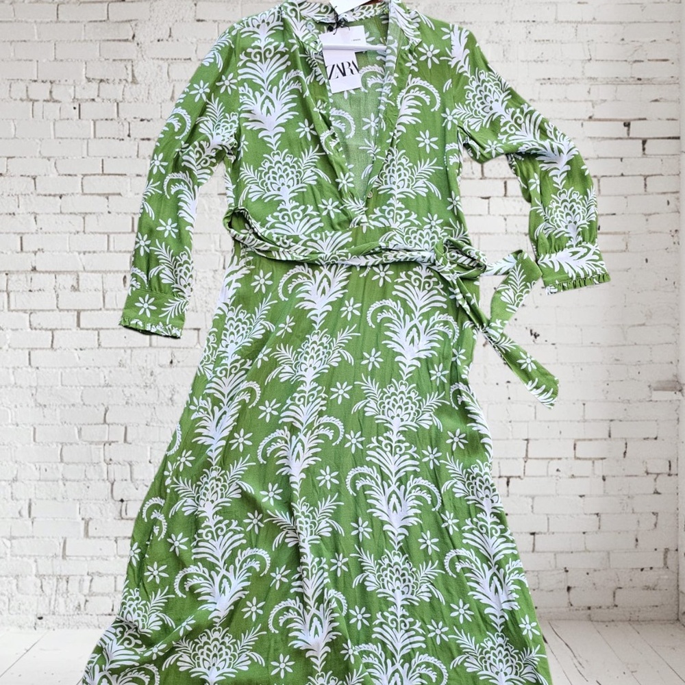 Zara green Lilou printed belted dress size S